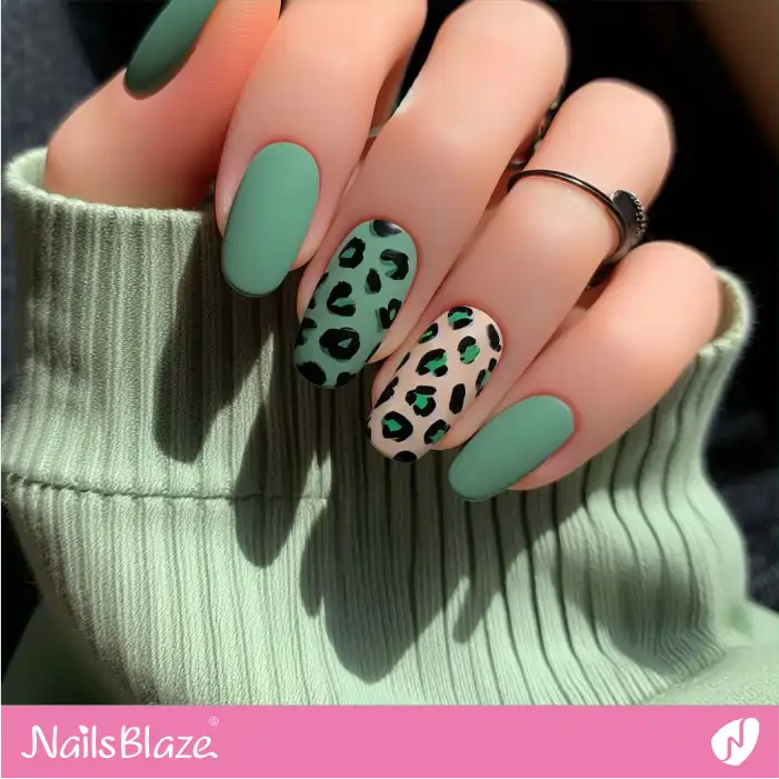 Matte Green Nails Leopard Design | Animal Print Nails - NB2605